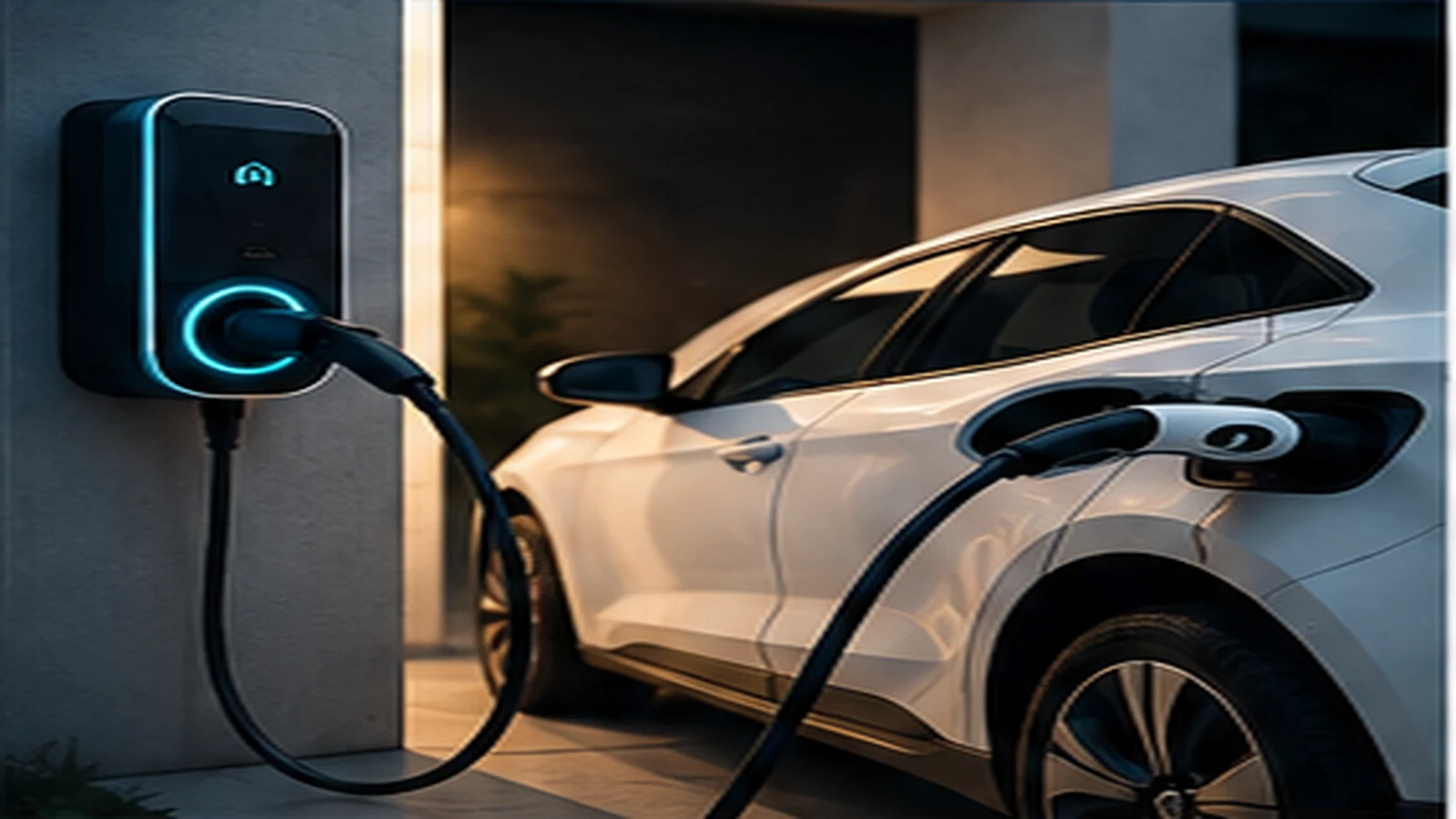 Carro elétrico conectado a Wallbox em residência moderna