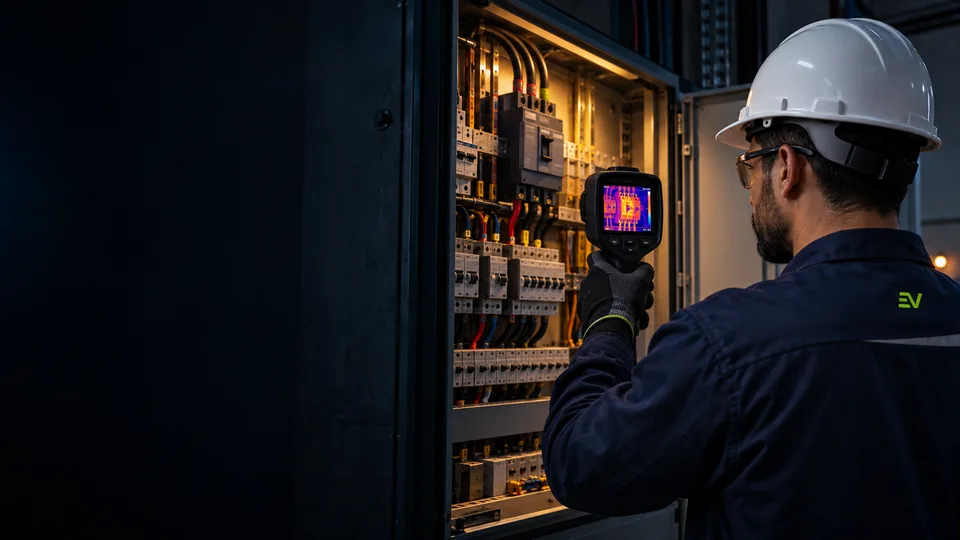 Profissional utilizando câmera termográfica diante de um quadro elétrico