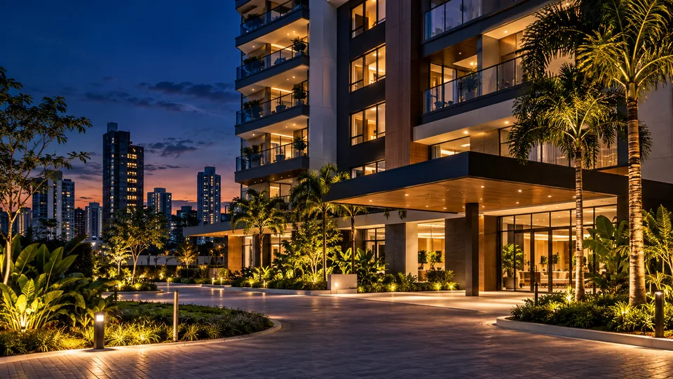Edifício moderno com iluminação de áreas internas e comuns