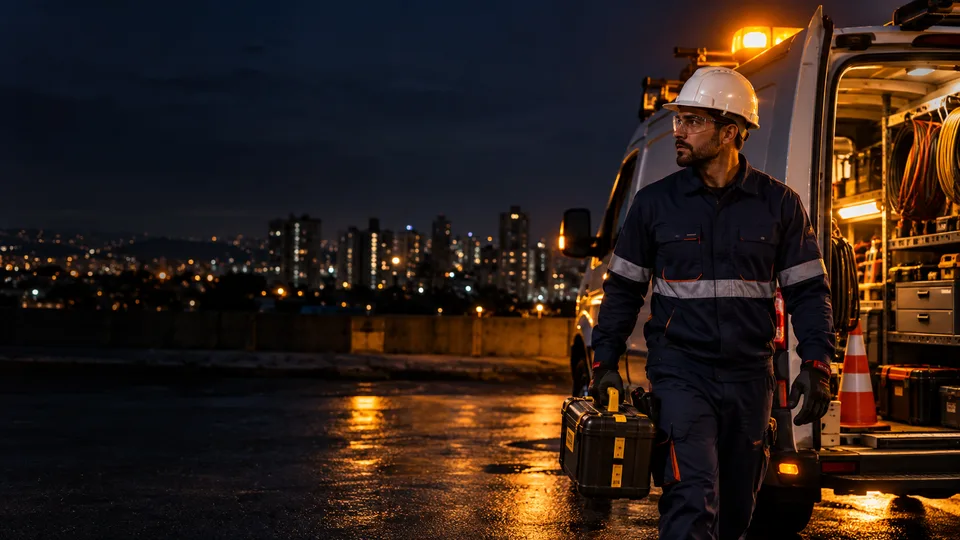 Profissional de uniforme escuro em atendimento noturno próximo a veículo de serviço