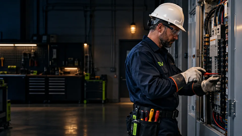Eletricista com capacete e ferramenta isolada em quadro de distribuição