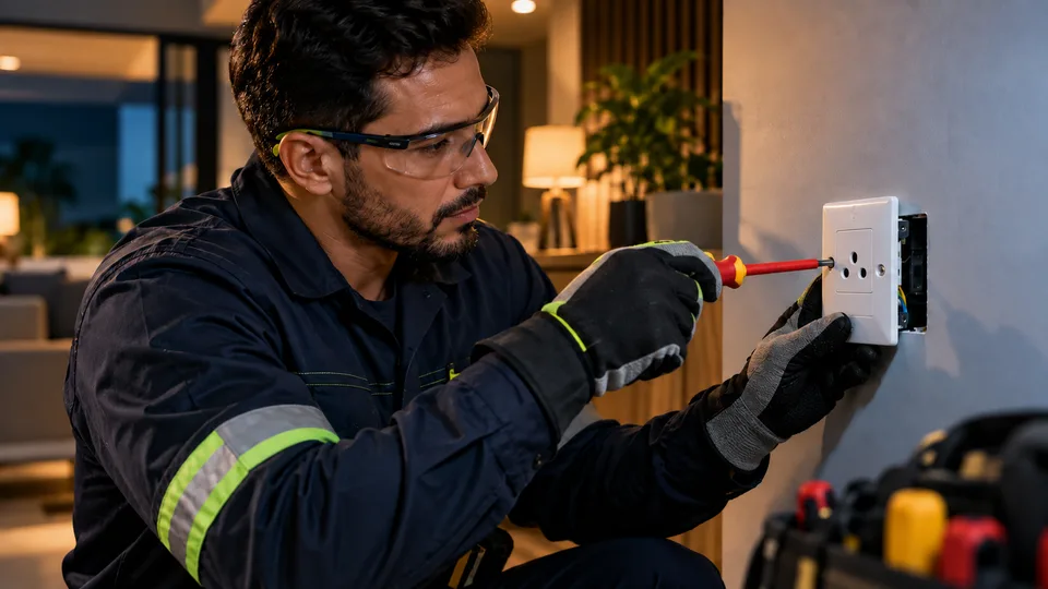 Profissional instalando tomada com a alimentação desligada